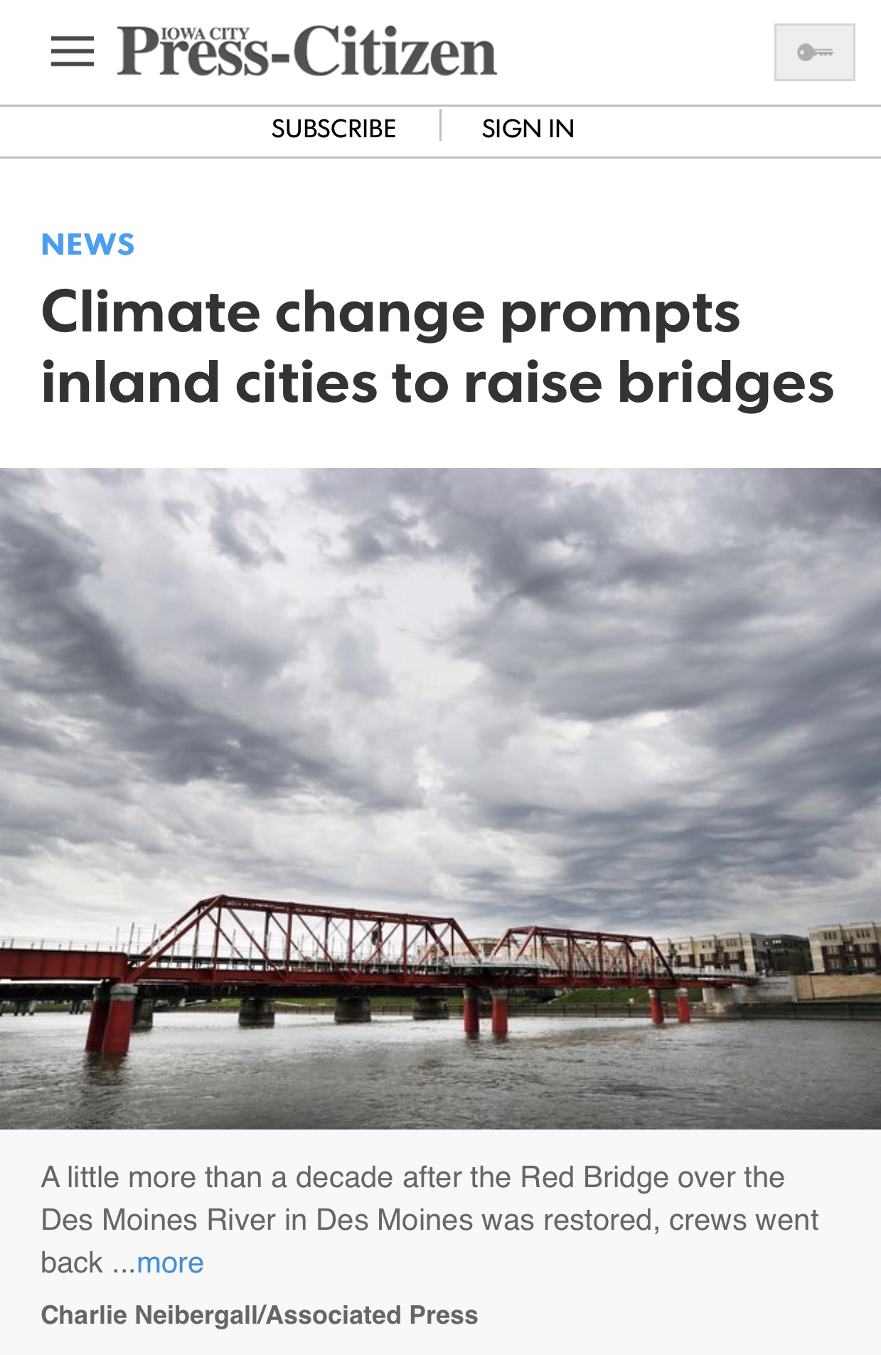 headline in the Press Citizen that reads Climate change prompts inland cities to raise bridges