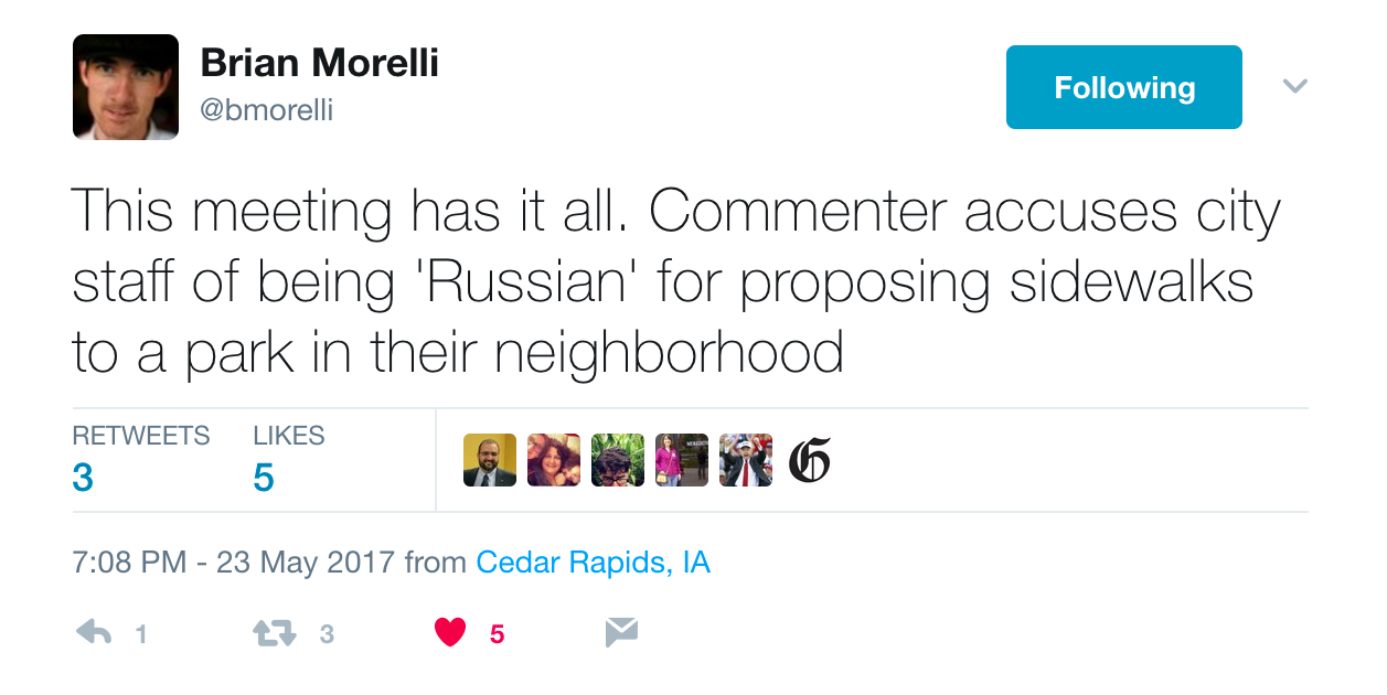 tweet from @bmorelli, a Gazette reporter: This meeting has it all. Commenter accuses city staff of being “Russian” for proposing sidewalks to a park in their neighborhood