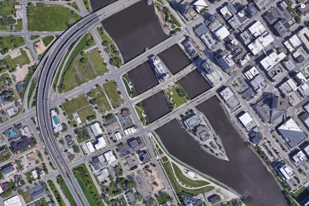 Google Maps Satellite view of May's Island from above. The island looks like a battleship.