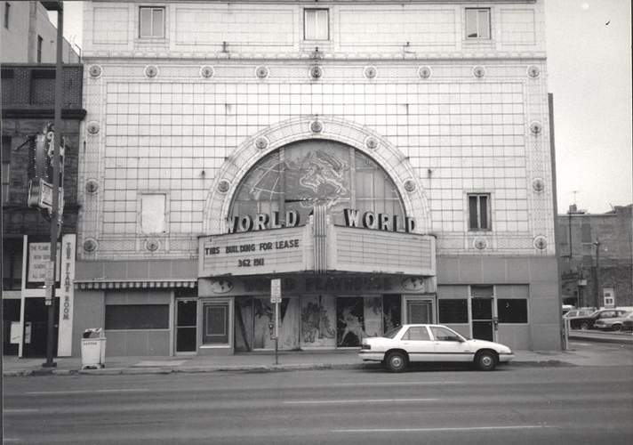 World Theater marquee from across the street, Cedar Rapids, Iowa 