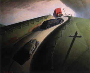 A red truck turns the corner of a hilly country road, its wheels seemingly airborne, about to crash into a long, black car that has barely passed another smaller black car and is out of its lane. Utility poles lean menacingly toward the scene, in the shape of crosses. A storm approaches on the right side of the frame.