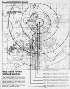 Gazette image of a map of Cedar Rapids with a target over it and the words "what small nuclear warhead would do”; the target center is Rockwell Collins.